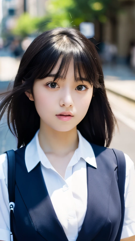 Beautiful Japanese high school student, masterpiece, light makeup, black hair, messy hair, street background, beautiful, elegant. Super fine details, works, authentic texture, realistic movie lighting, perfect works, 8K, HD, exquisite facial features, uniform, white shirt, navy blue miniskirt, plump figure, big bright eyes, large size chest
