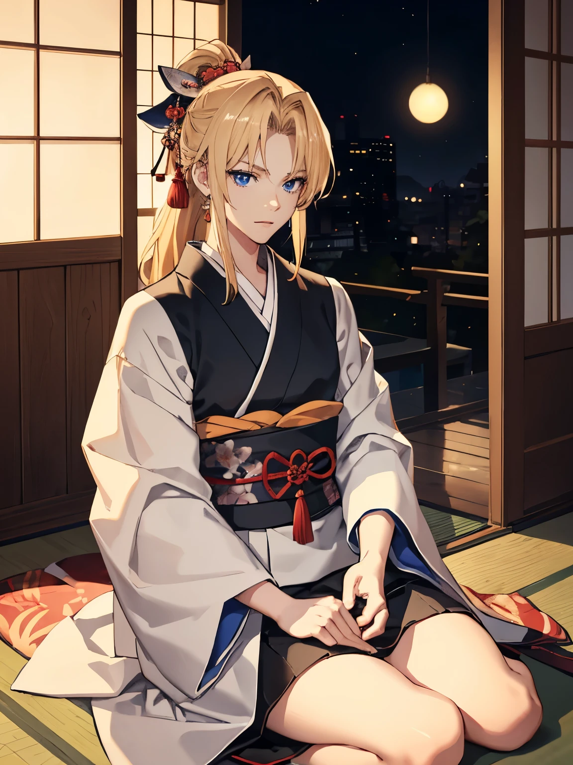 1man，Masculinity，blond hair，ponytail，blue eyes，no bra，A Japanese-style room，late at night，alone，kimono，Sitting