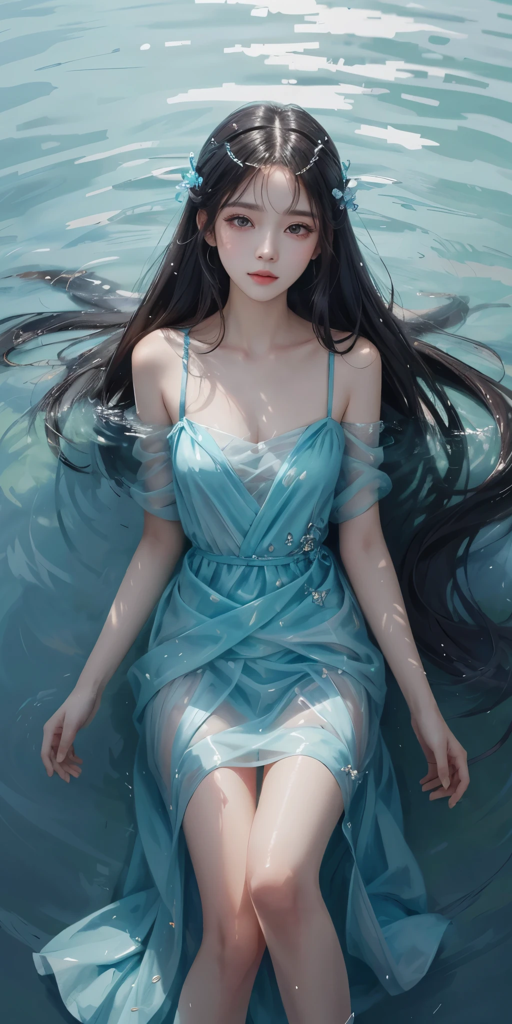 best qualtiy，tmasterpiece，超高分辨率，（真实感：1.4），RAW photogr，cold light，A woman in a transparent dress under the water，Full body photo，wallpaper anime blue water，Guviz-style artwork，closeup fantasy with water magic，by Yang J，Guviz，a beautiful artwork illustration，Water Nymphs，beautiful digital artworks，beautiful digital illustration，Li Song，a beautiful anime portrait，Art style in Beauvot