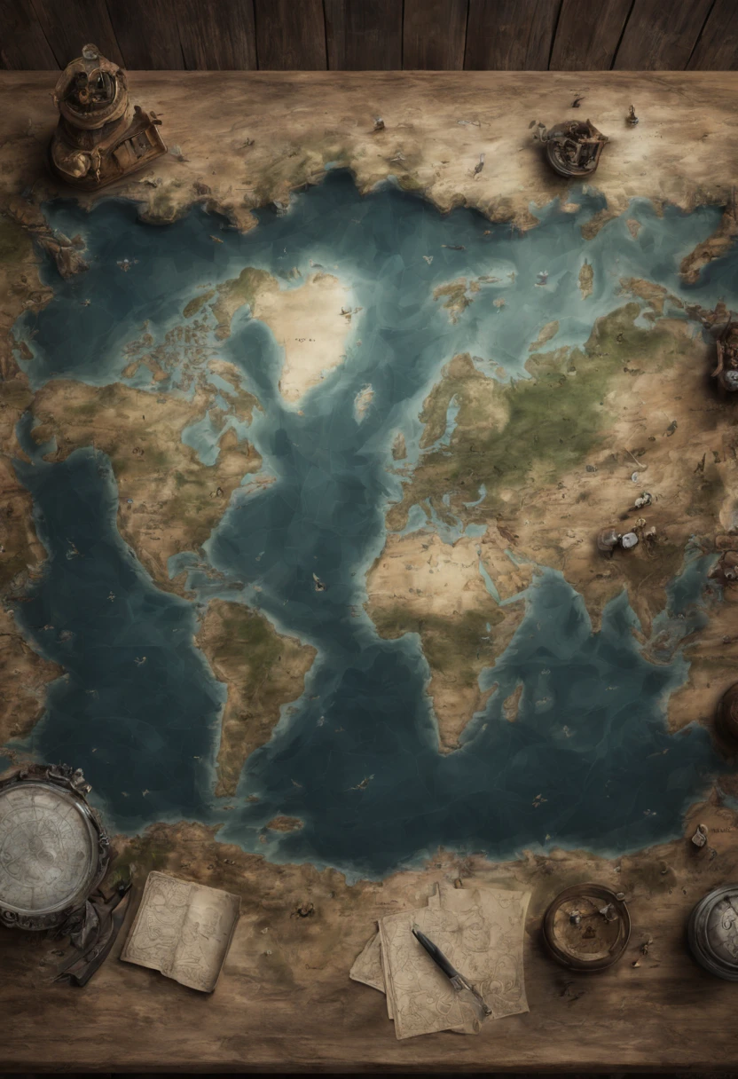 Map on table with sea and oceans one part is missing in the map are draped monsters And one treasure. Epic cinematic brilliant stunning intricate meticulously detailed dramatic atmospheric maximalist digital matte painting