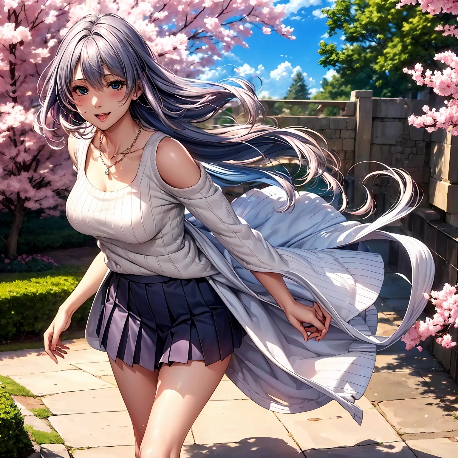 (((highest quality,masterpiece,very high resolution,Super high quality,perfect pixel))), (((Exquisite beauty:1 person,perfect body,Beautiful face is detailed, blush、cute face、beautiful outline、smile, open your mouth))),((long hair, neat bangs, beautiful hair texture)),((Beautiful slit eyes,beautiful eyes,strong-willed eyes, beautiful eyelashes, realistic eyes)), ((beautiful breasts,beautiful feet)),((sweater:color and pattern,pleated skirt:pattern and color, 1 diamond necklace,Clothing that exposes the shoulders,Clothing that exposes the thighs,Excellent fashion sense)),(realistic skin texture,realistic texture:,RAW photo,Anime CG style, Bright colors), (standing posture,dynamic angle,dynamic pose, model shoot), (garden,Cherry blossom tree-lined path, Cherry tree, Cherry blossoms fall,the wind is blowing),beautiful anime woman, beautiful art style, anime character、Overall image、detailed images、accurate anatomy、Image without defects、natural soft light、beautiful images、非常にdetailed images、(Best Shot 1.5)
