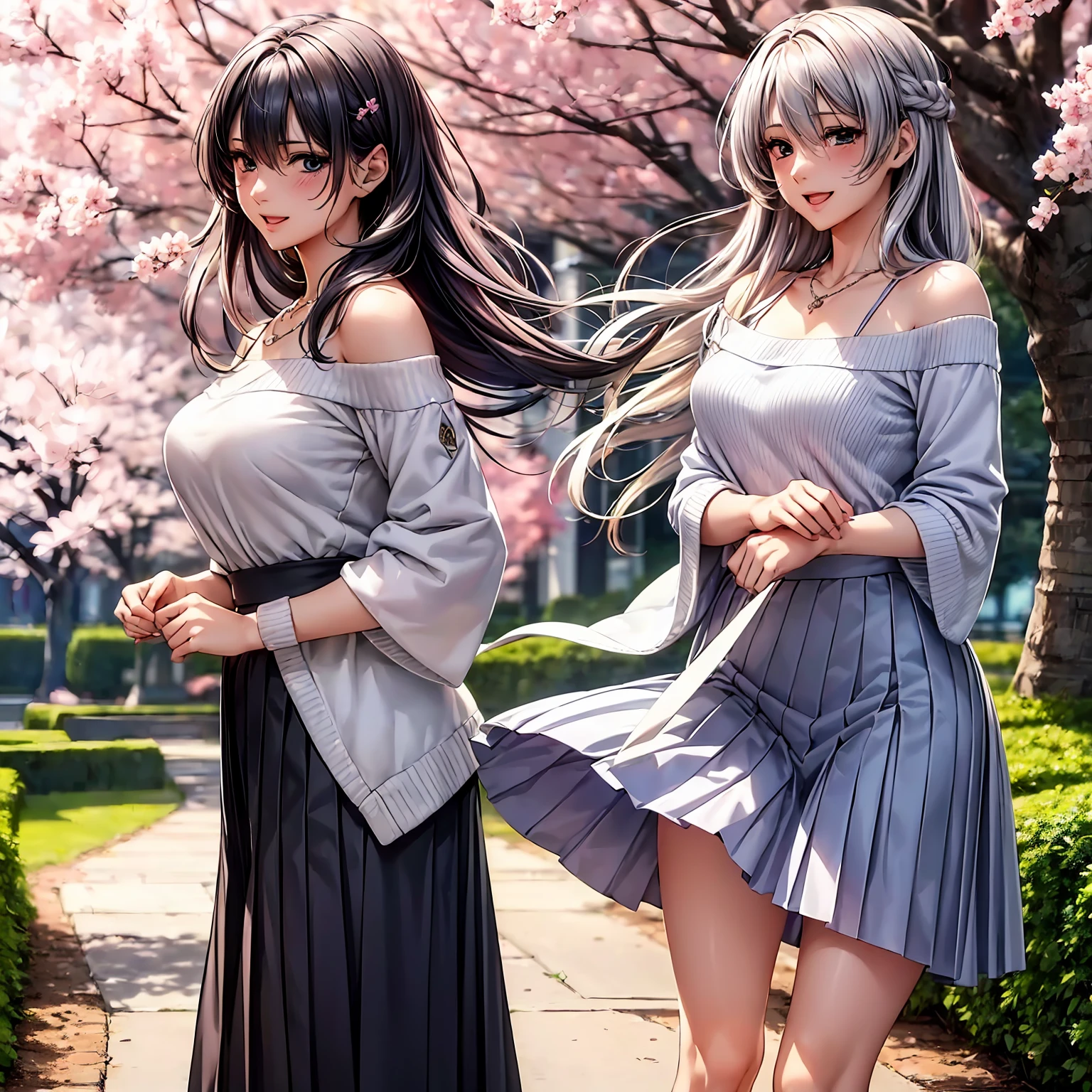 (((highest quality,masterpiece,very high resolution,Super high quality,perfect pixel))), (((Exquisite beauty:1 person,perfect body,Beautiful face is detailed, blush、cute face、beautiful outline、smile, open your mouth))),((long hair, neat bangs, beautiful hair texture)),((Beautiful slit eyes,beautiful eyes,strong-willed eyes, beautiful eyelashes, realistic eyes)), ((beautiful breasts,beautiful feet)),((sweater:color and pattern,pleated skirt:pattern and color, 1 diamond necklace,Clothing that exposes the shoulders,Clothing that exposes the thighs,Excellent fashion sense)),(realistic skin texture,realistic texture:,RAW photo,Anime CG style, Bright colors), (standing posture,dynamic angle,dynamic pose, model shoot), (garden,Cherry blossom tree-lined path, Cherry tree, Cherry blossoms fall,the wind is blowing),beautiful anime woman, beautiful art style, anime character、Overall image、detailed images、accurate anatomy、Image without defects、natural soft light、beautiful images、非常にdetailed images、(Best Shot 1.5)