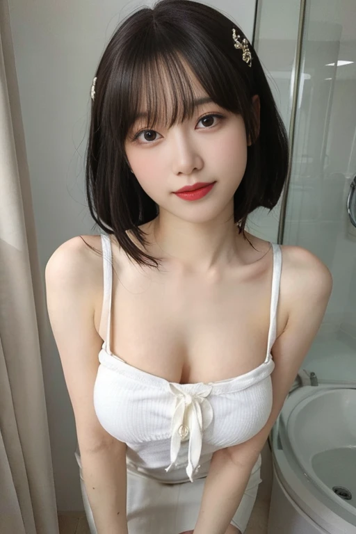 (16K、Raw photo、highest quality、masterpiece)、(realistic、Photoreal)、super detailed、Super high resolution、1、see the beholder、beautiful and detailed face、laughter、narrow、(slim waist) Beautiful and smooth skin、skin texture、floating hair、professional lighting、big breasts、Depiction of areola and nipple、Stripes and pubic area depiction、I take a shower