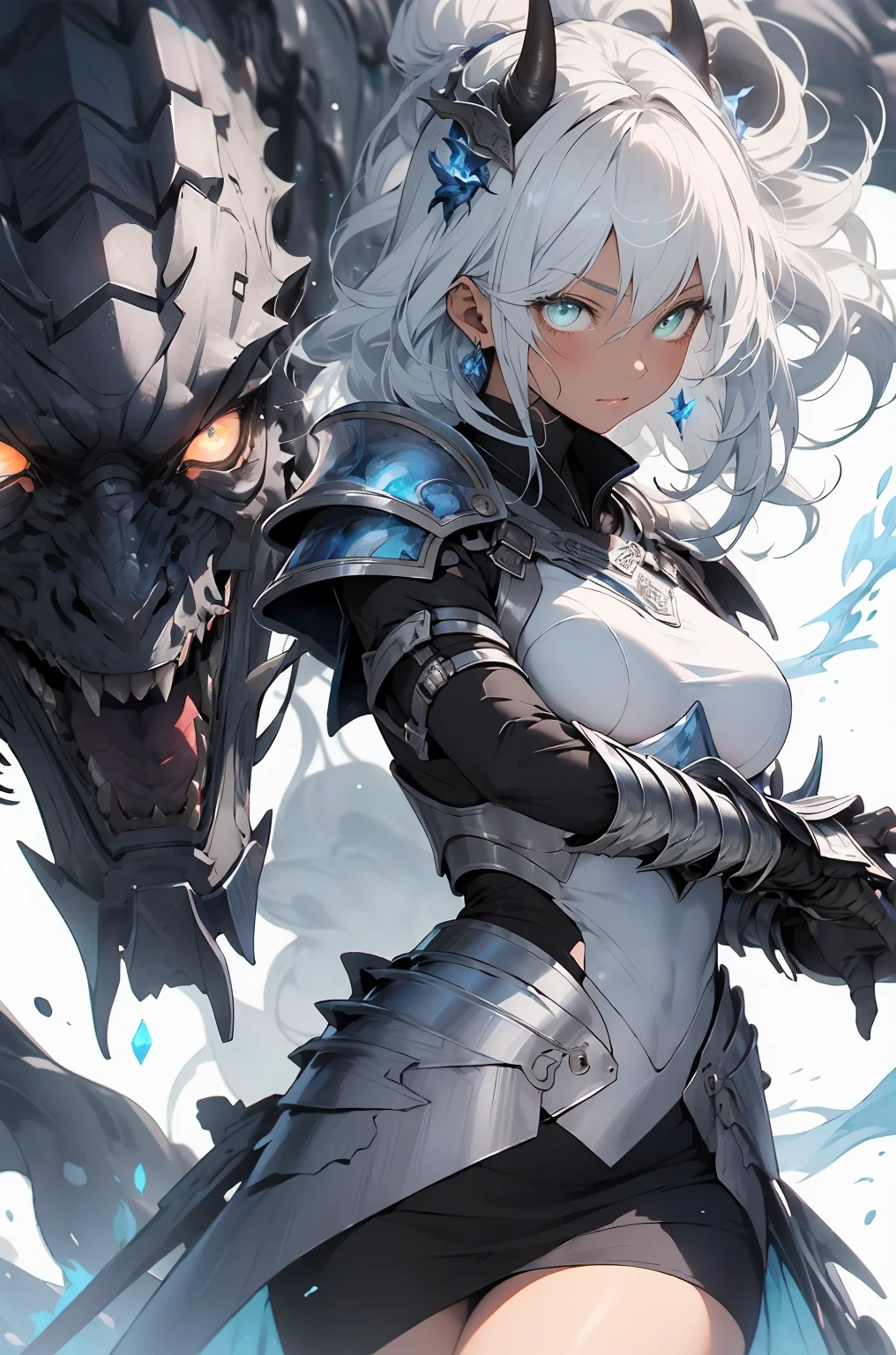 be realistic,(masterpiece,highest quality,highest quality,very detailed,fractal art,most detailed,(abstract background:1.5)(1 girl),Kamimei,(hair length),(green eyes shine、Breasts get bigger,stunned),crystallization,sexy、machine armor、tanned skin、Blake、devil's horns、berserk , (burning blue flame:1.4),(black pencil skirt)