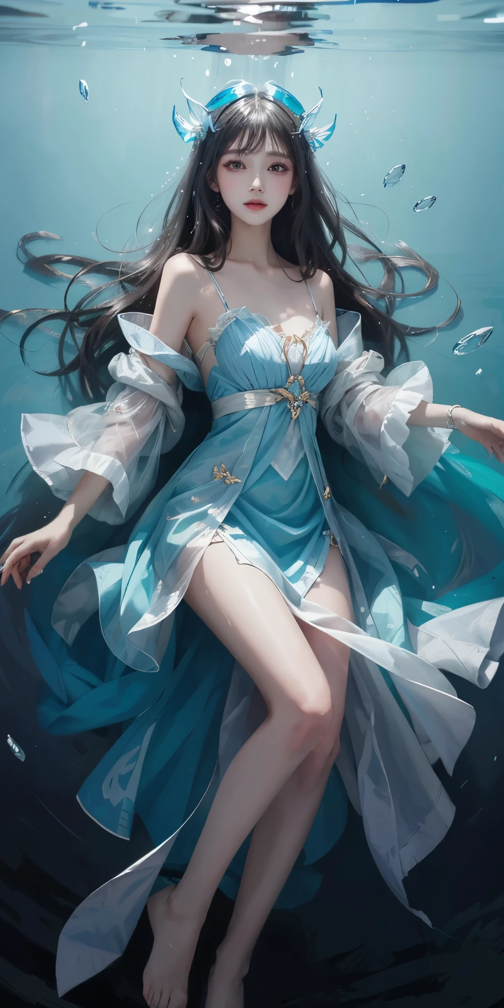 best qualtiy，tmasterpiece，超高分辨率，清晰的脸部,（真实感：1.4），RAW photogr，cold light，A woman in a transparent dress under the water，Full body photo，wallpaper anime blue water，Guviz-style artwork，closeup fantasy with water magic，by Yang J，Guviz，a beautiful artwork illustration，Water Nymphs，beautiful digital artworks，beautiful digital illustration，Li Song，a beautiful anime portrait，Art style in Beauvot