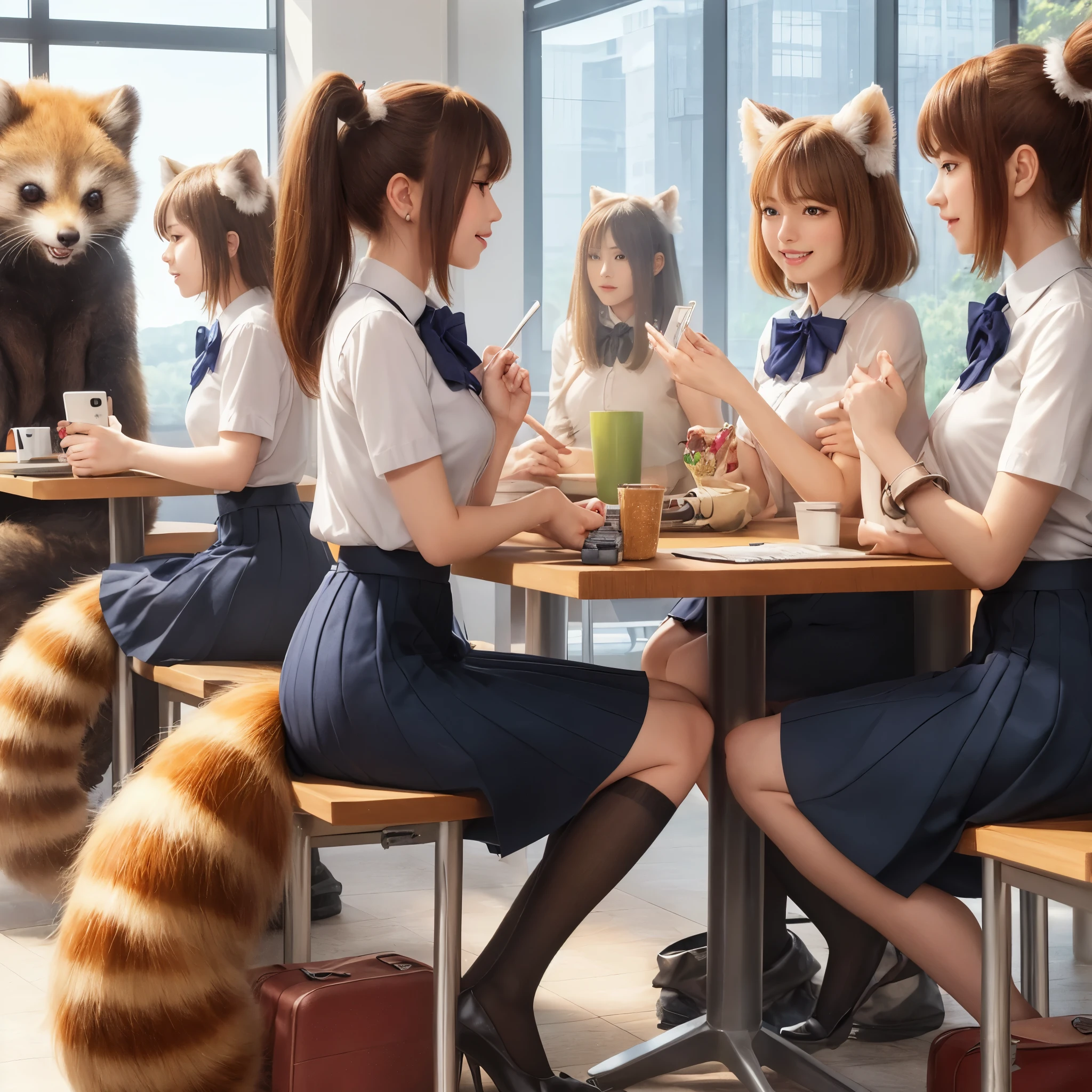 women with tanuki tails, (software) safe for work, fur with tail, software version, coworkers, realistic style, , realistic style , two beautiful girls, photograph, 最high quality, (Her skirt is flipped up and her tail is visible.:1.8) ,Reality, small breasts, slender, white panties,tail from above panties, Tail from inside the skirt, bushy tail, realistic tail, flat chest, (software) safe for work, nffsw, retina, muste piece, Accurate, anatomically correct, super detail, advanced details, high quality, 最high quality, High resolution, 1080p, 4k, 8K, The tail is sticking out from inside the skirt, long tail, A sloppy smile