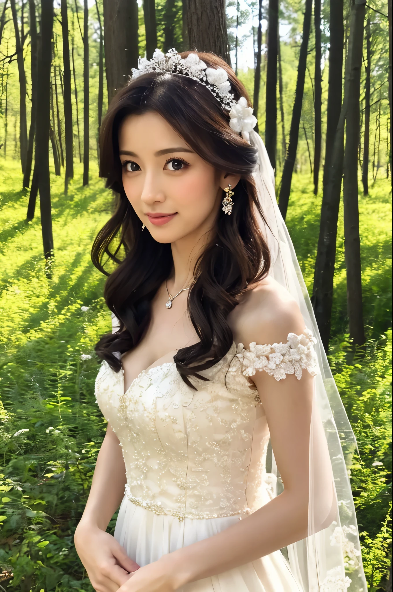 (realistic), (hyperrealism),best quality, masterpiece,ultra high res, (photorealistic:1.4),1girl,pale skin,skinny,(looking at viewer:2), forest, flowers, sunlight, (tattered) wedding dress , bare shoulders, upper body,
