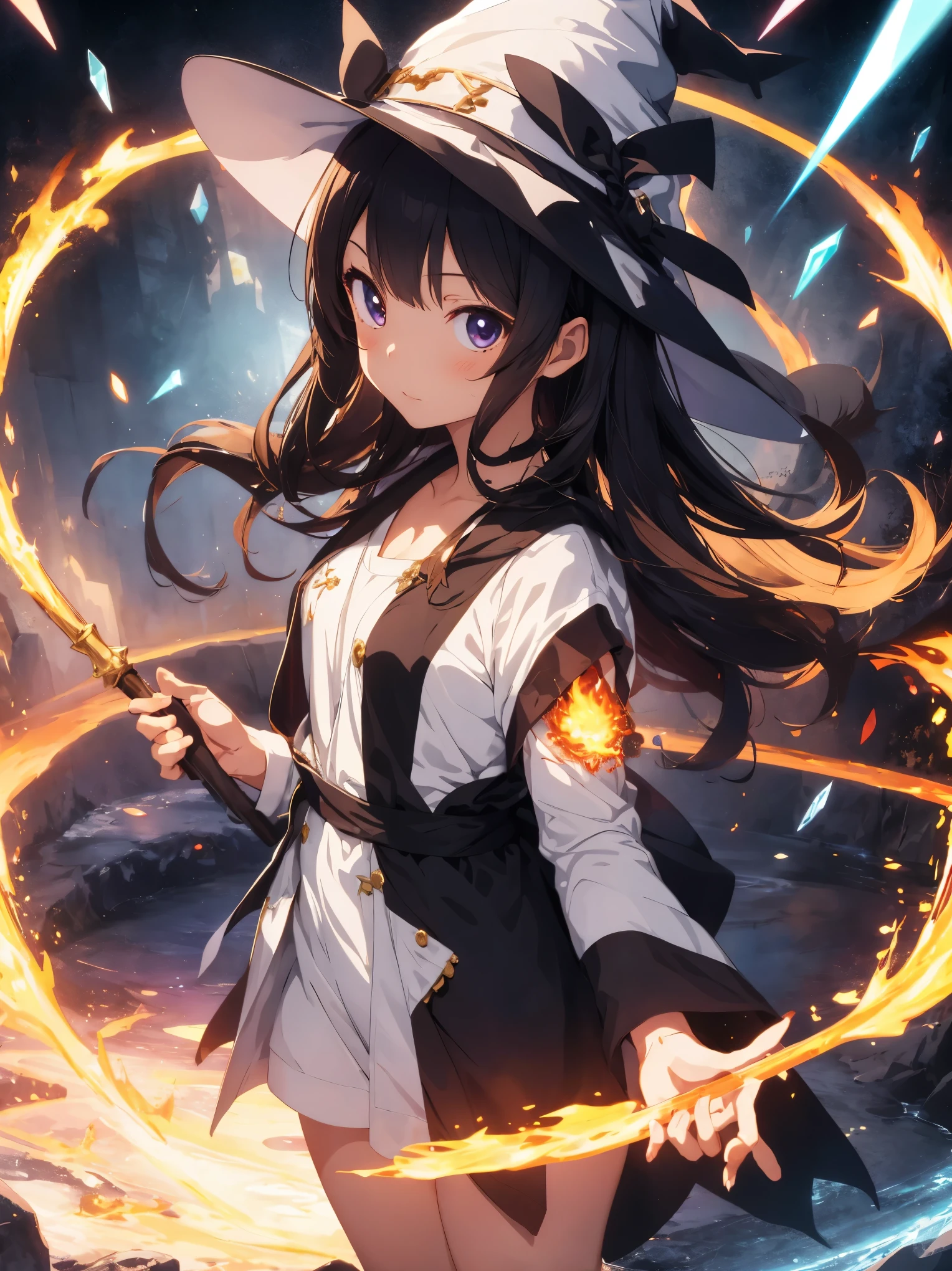 anime, 1 girl, alone, wizard hat, robe, holding staff, About Magic Circle, shine, particles of light, crystallization, prism, shine光、fire magic、Wear a whirlpool of flame