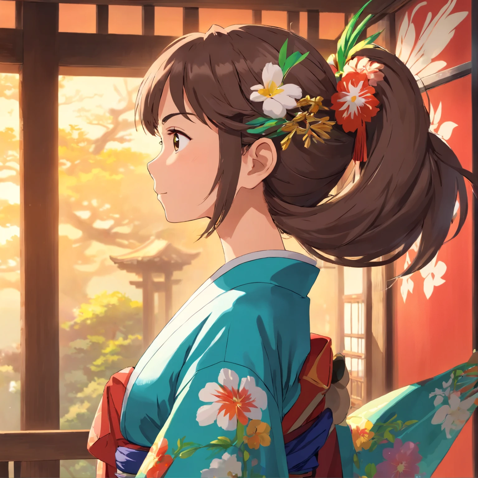 female, profile, colorful kimono, 8K image realism, ((((masterpiece)))), pretty girl