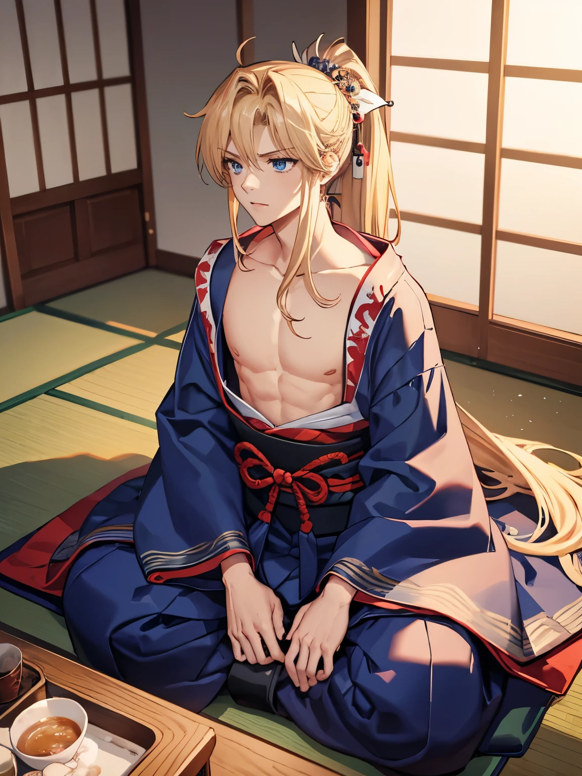 1boy，Masculinity，blond hair，ponytail，blue eyes，no bra，A Japanese-style room，sitting，late at night，alone，fireworks