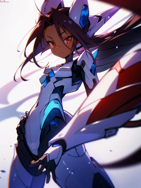 Masterpiece, best quality, highres, amazing quality, devouring the starry sky, tenchi muyo, (mega mewtwo y), flat chested, (male), (8 boy), (shota), (Dark skin), cute, red eyes, very long dark brown hair, blue gem on forehead, white mecha musume armour, white exosuit armour, black powersuit, white mecha armour legging, badass, mechanical tail, cool, shounen, close up, adorable