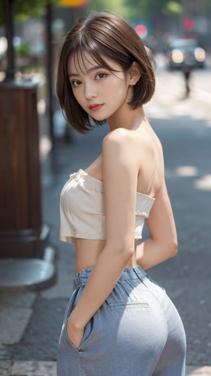 8K,masterpiece,highest quality,zoom out,(realistic, realistic: 1. 3),high contrast, Bokeh, nostalgia, faded film, vintage, grain effect, Vignette effect,acrobatic pose,,spread your legs,dynamic angle,looking at the viewer,whole body,Bend down and look back, 1 girl, alone, whole body,((bandeau top:1.2)),(Low-rise wide pants:1.2),(very short hair),silky hair,