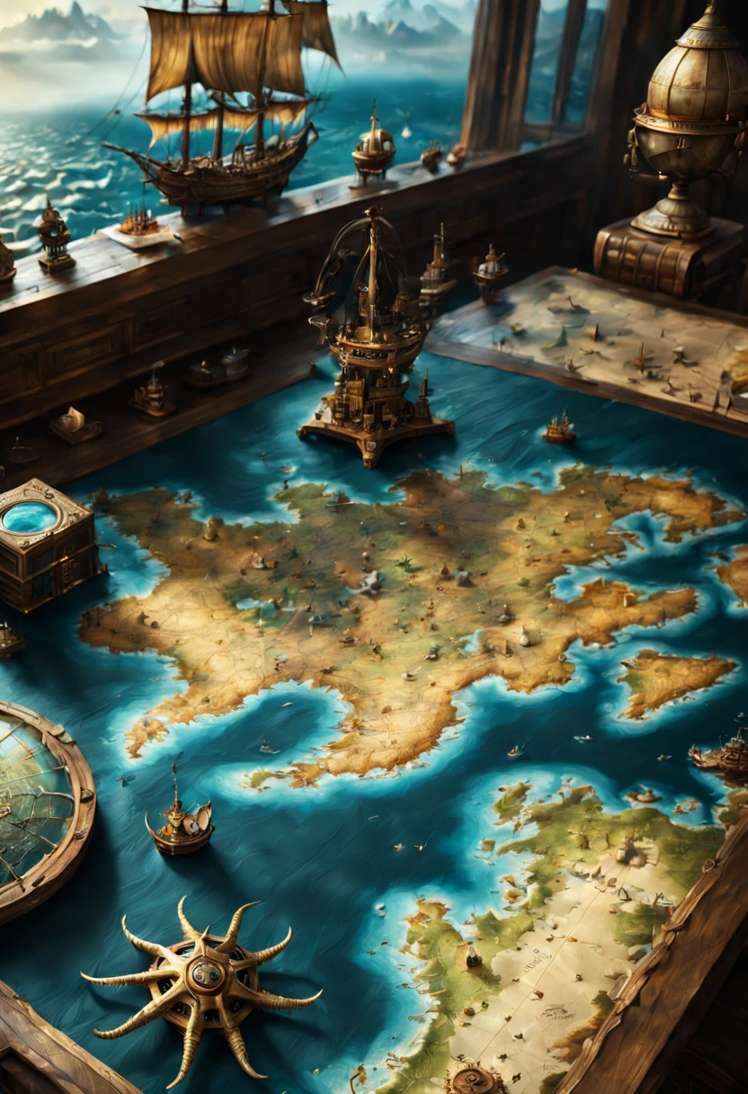 Map on table with sea and oceans one part is missing in the map are draped monsters And one treasure. Epic cinematic brilliant stunning intricate meticulously detailed dramatic atmospheric maximalist digital matte painting