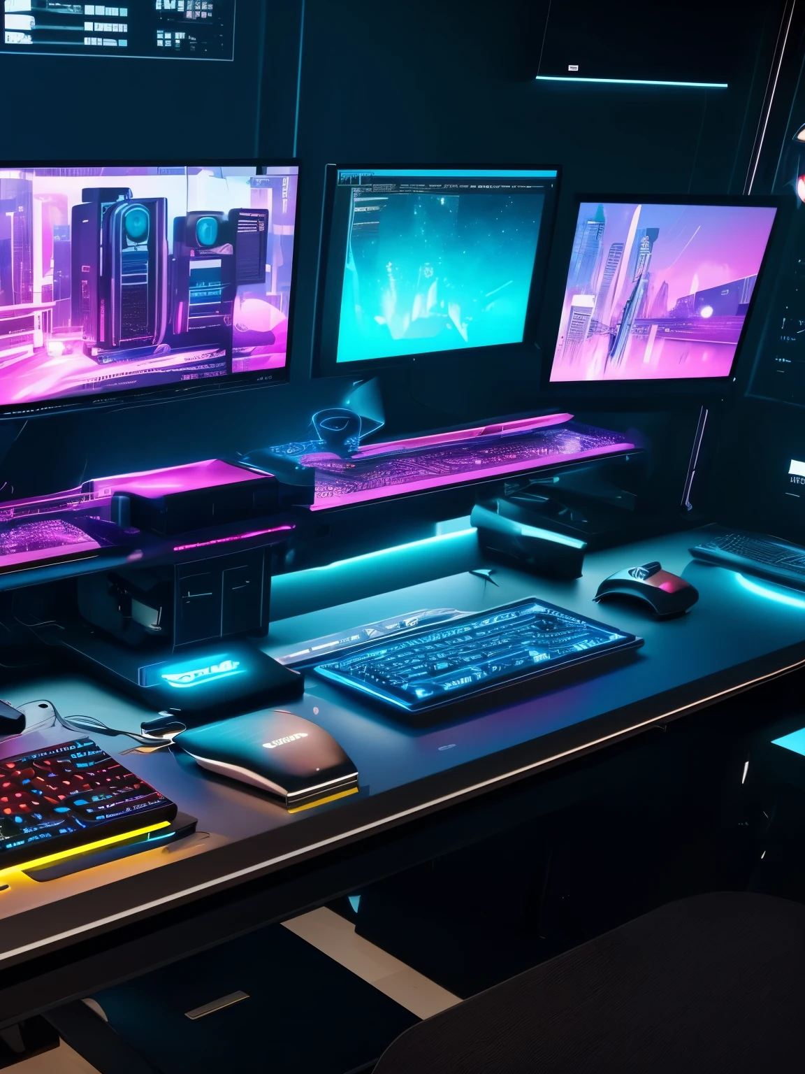 workstation of a content creator, ultrarealistic, cyberpunk