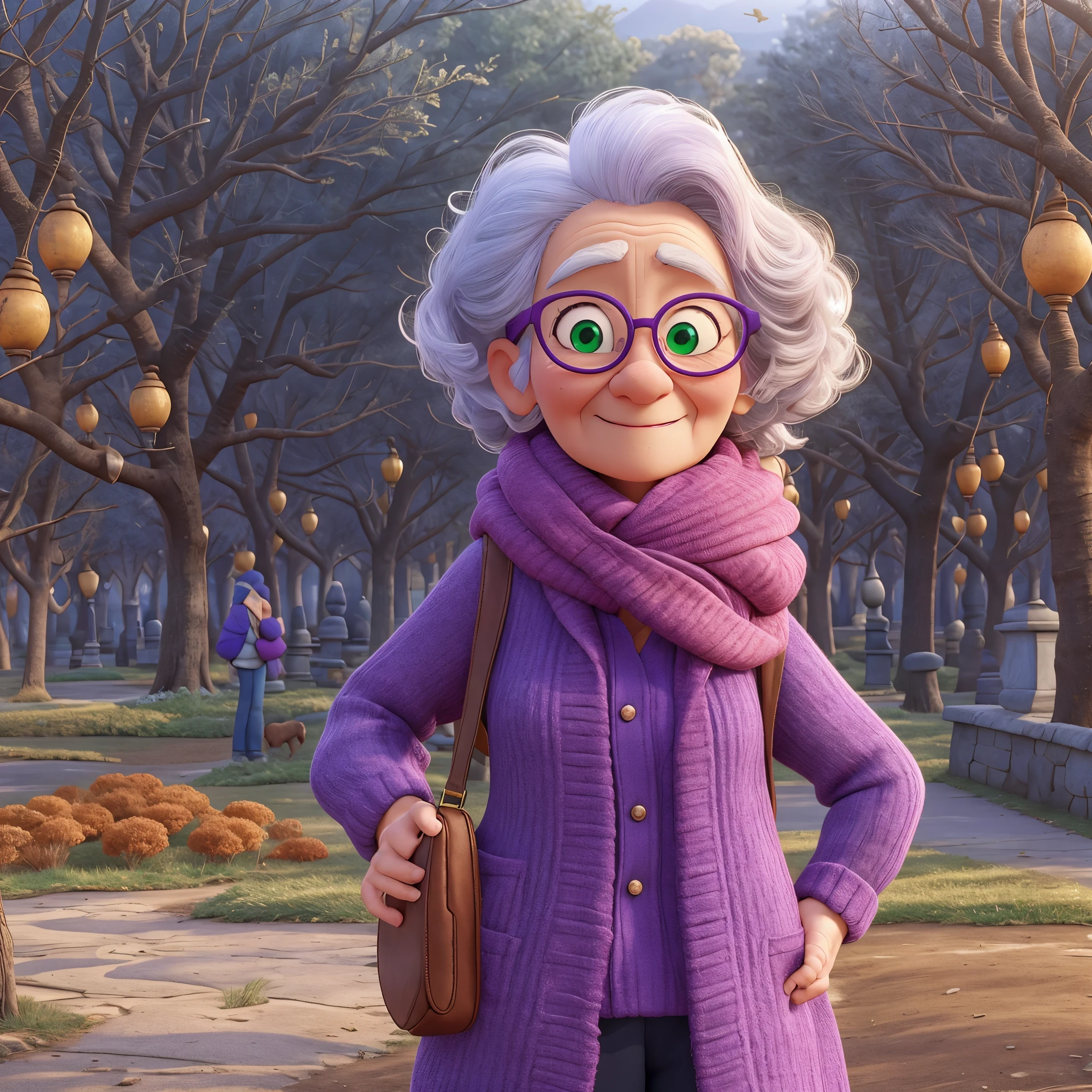 masterpiece, best quality, One wears glasses、old woman wearing scarf, Wearing a purple coat and a green scarf, standing in the park,Pixar style, best quality, stills,