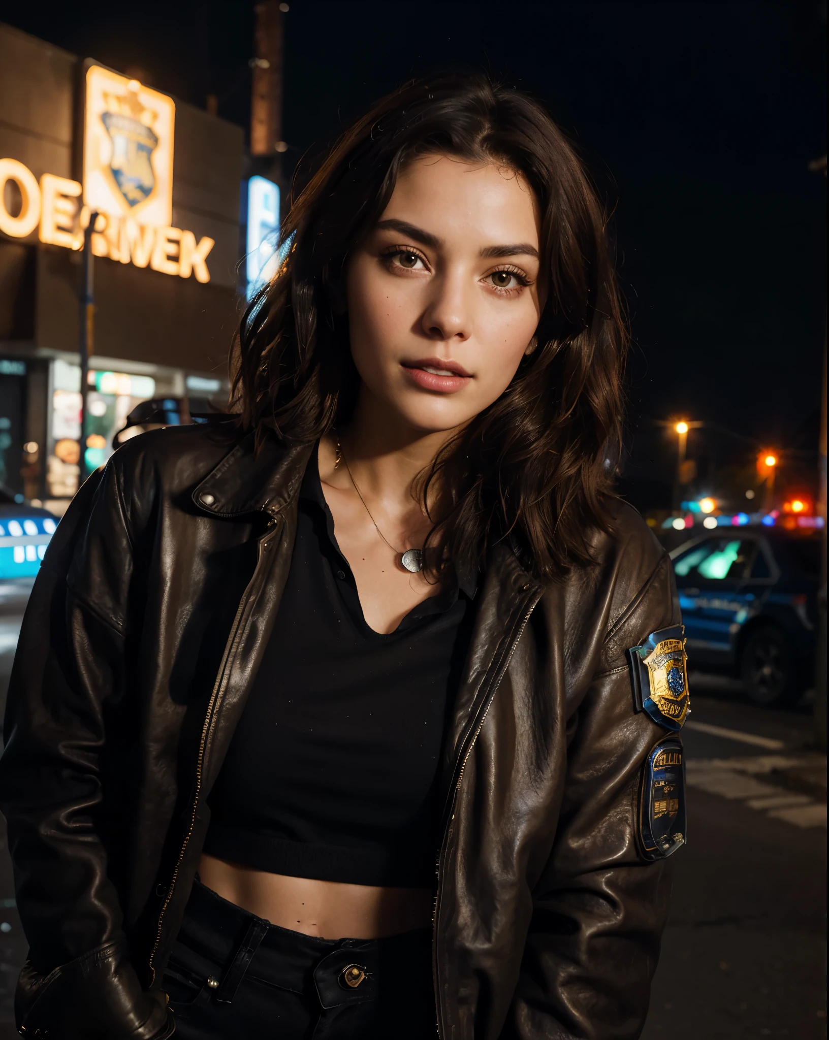 Portrait of natlp as a beautiful female model, georgia fowler, beautiful face, with short dark brown hair, in cyberpunk city at night. She is wearing a leather jacket, black jeans, dramatic lighting, (police badge:1.2)