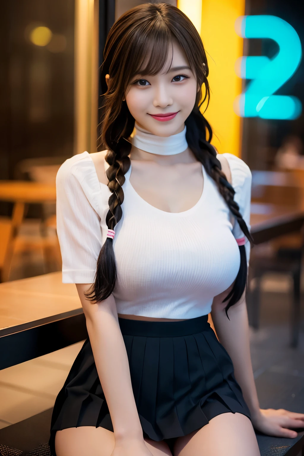 Digital painting of a pretty malay girl, big breast, low angle shot, hazel eyes with cute smile showing long tongue out, open-front mesh shirt paired with mini pleated skirt, showing vagina, sitting with spreading legs, braided hair with side sweep, wear a chocker, feminine pose, and arms gracefully at the back, hyper realism, realistic, high resolution, visible strokes, abstract colourful background, neon lighting, digital painting