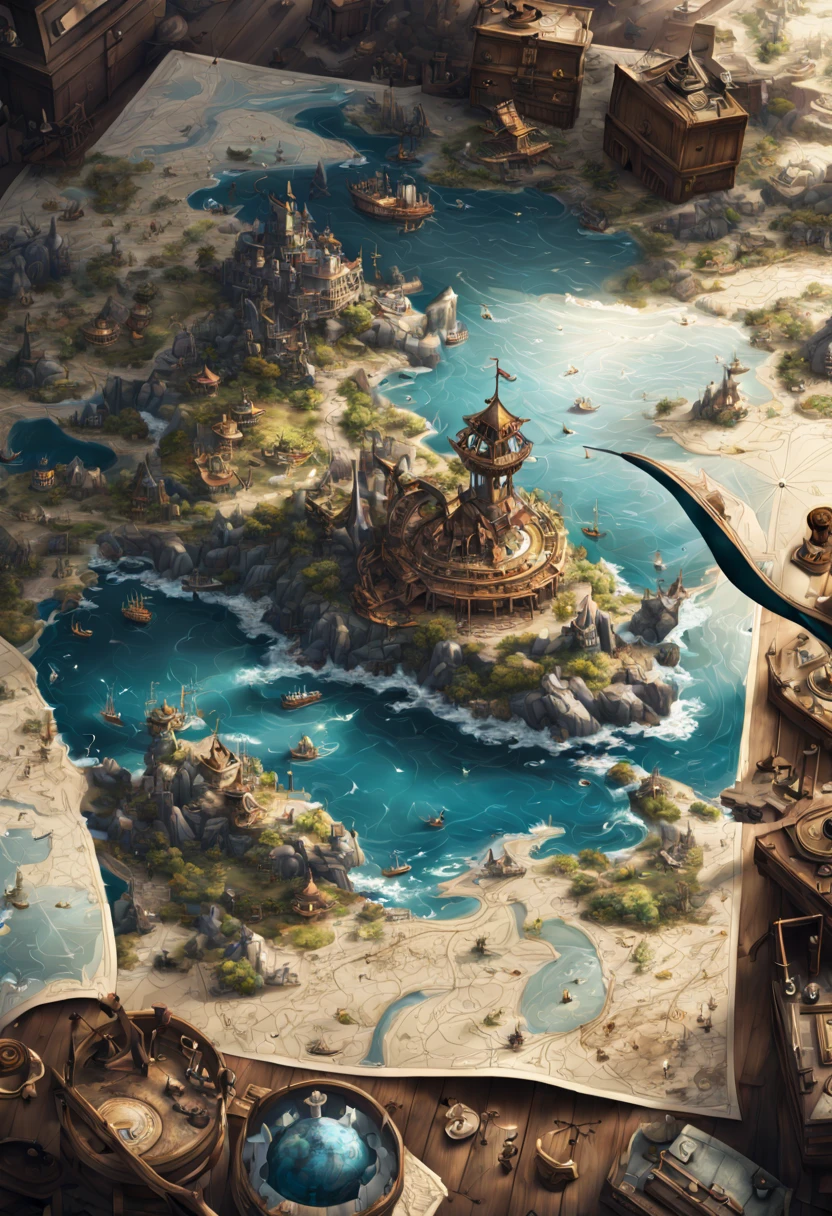 Map on table with sea and oceans one part is missing in the map are draped monsters And one treasure. Epic cinematic brilliant stunning intricate meticulously detailed dramatic atmospheric maximalist digital matte painting