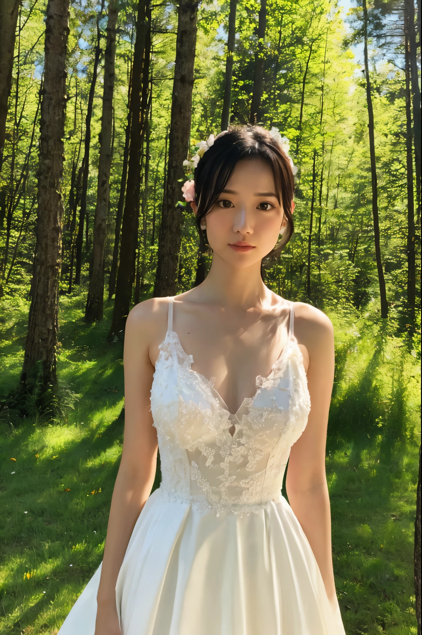 (realistic), (hyperrealism),best quality, masterpiece,ultra high res, (photorealistic:1.4),1girl,pale skin,skinny,(looking at viewer:2), forest, flowers, sunlight, (tattered) wedding dress , bare shoulders, upper body,