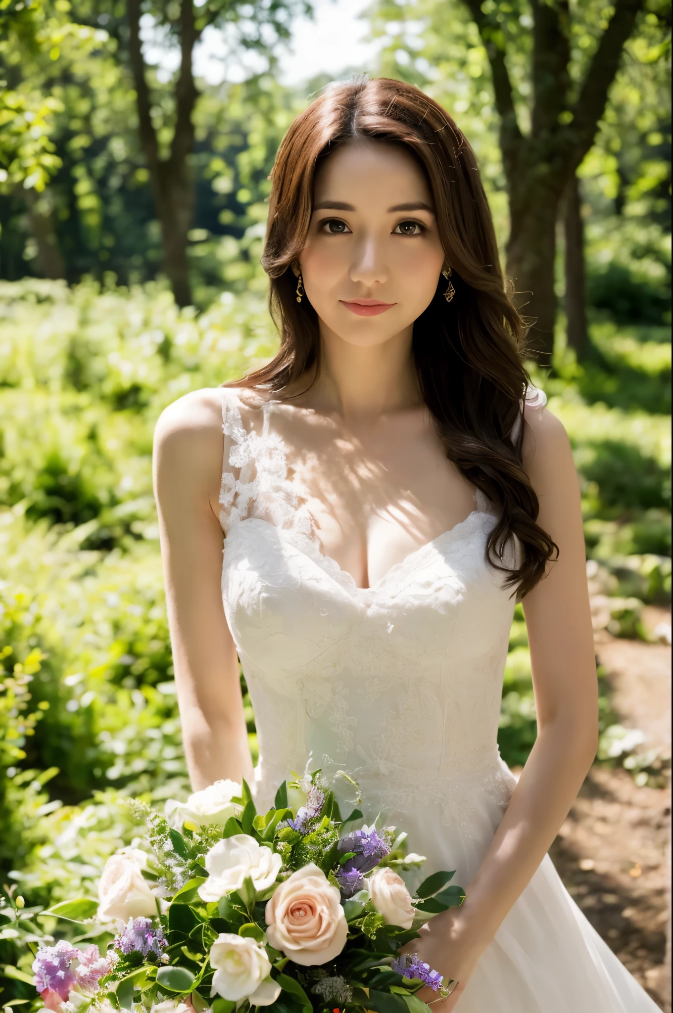 (realistic), (hyperrealism),best quality, masterpiece,ultra high res, (photorealistic:1.4),1girl,pale skin,skinny,(looking at viewer:2), forest, flowers, sunlight, (tattered) wedding dress , bare shoulders, upper body,