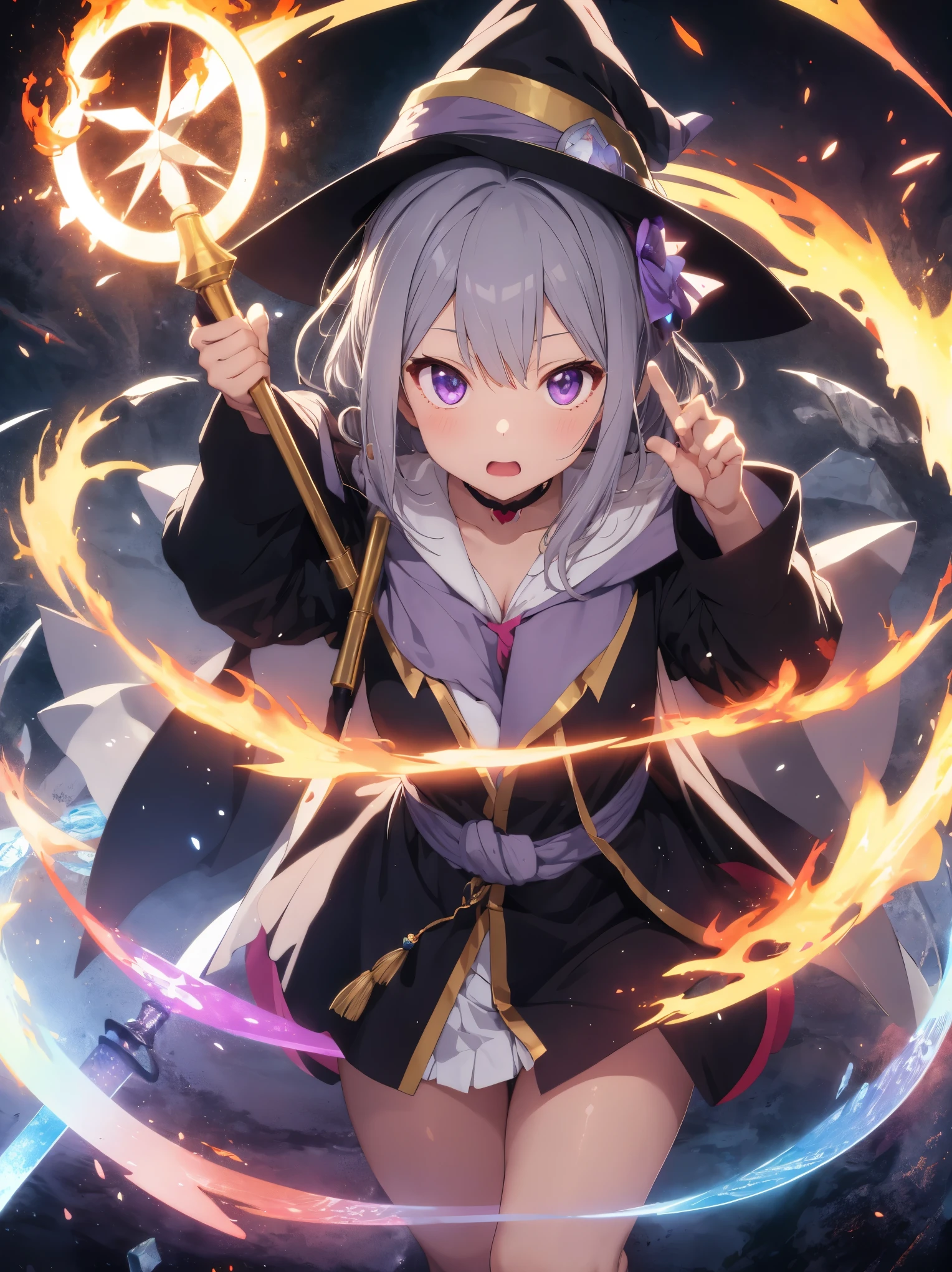 anime, 1 girl,gray hair、Light purple eyes、 alone, wizard hat, robe, holding staff, About Magic Circle, shine, particles of light, crystallization, prism, shine光、fire magic、Wear a whirlpool of flame、Huge magic circle behind、Giant Pillar of Fire