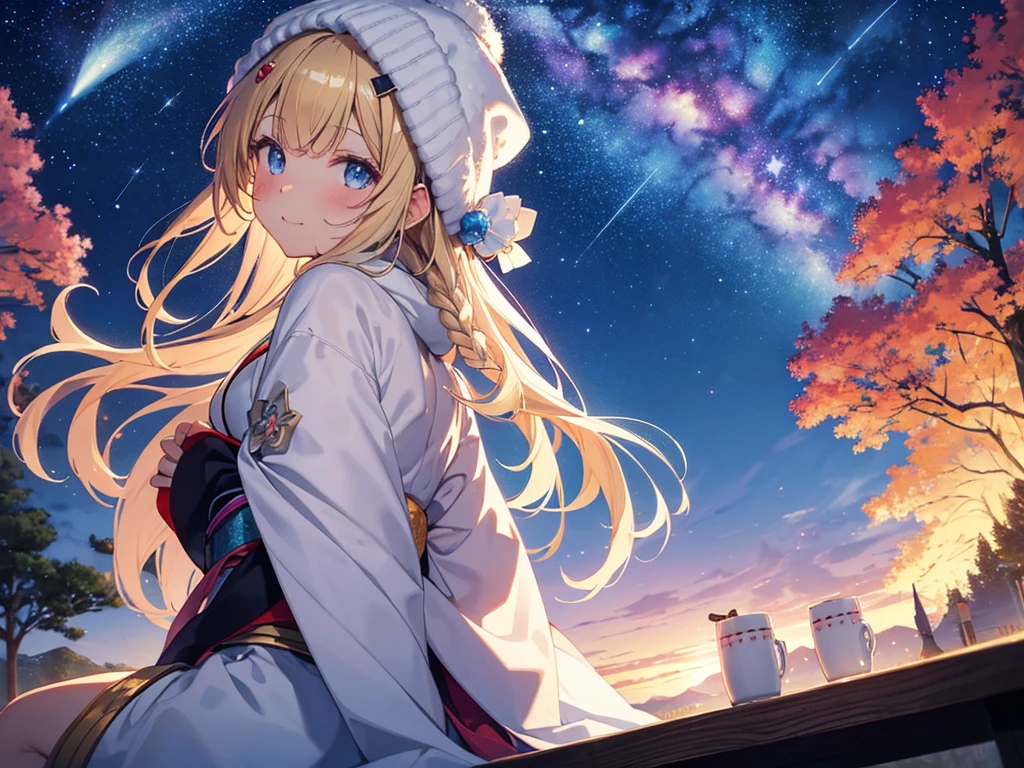 (masterpiece)++,(sweet illustration)+,detailed gradient eyes,outdoors, milky way galaxy, Beautiful scenery, Moonlight, high resolution, reflection,night view,
1girl, sitting, kimono, WHITE MUFFLER, CAPE, ROBE, fluffy beanie, from back, looking at viewer, medium bob, blonde hair, bun_head, shiny wavy hair, blue eyes, light smile, lens flare, Japanies Hairpin, kanzashi, braided bangs, cute, , 14-yo, , white breath, shooting star, ancient city,