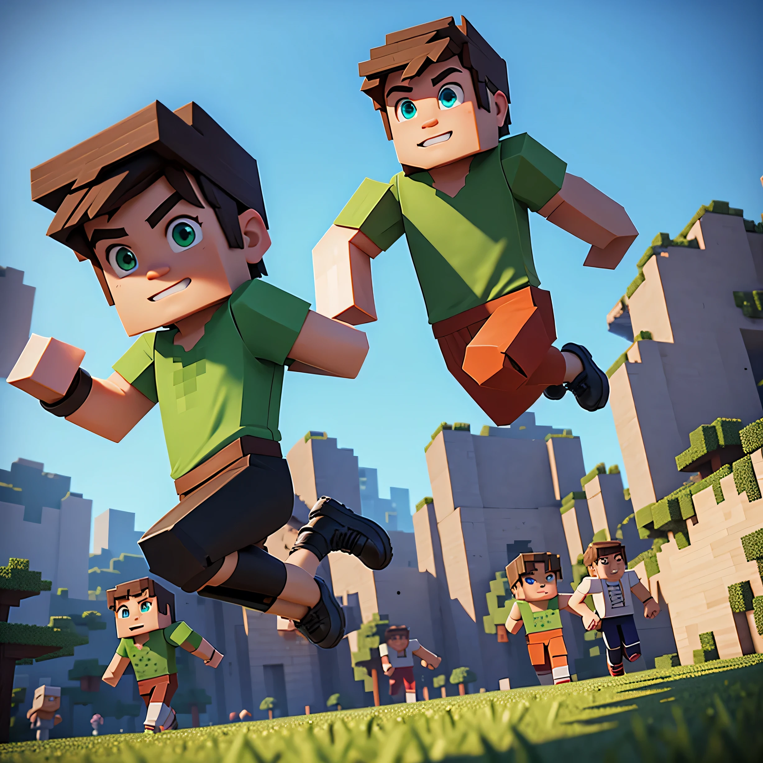 create boys running, in Minecraft style, with details,in the foreground.
