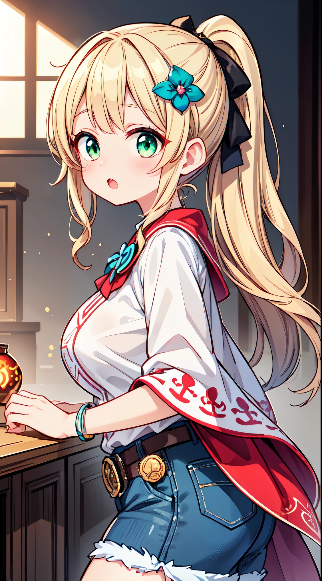(super fine illustration:1.2),(masterpiece, 8k), (best quality, high quality:1.4), perfect anatomy, hyper detailed, ultra detailed,masterpiece background,beautiful detailed background, v8k wallpaper,perfect design,award-winning art,atmospheric, BREAK, 1 beautiful girl, girl, (cute:1.5),(Little:0.5),(cute:2.0),(change:2.0),(12 year old girl),(big breasts:1.65),(chin hair,blonde,blue bow,green eyes,Eyebrows visible through the hair,side lock,long hair with bangs parted, hair flower, hair ornaments, big ribbon in hair, curly hair, ponytail:1.6),:he, white feathers, one thin white wing, Ang he wings, spread your wings, shining wings),pit \black},glowing skin, beautiful skin, Shining beautiful skin, open your mouth, bashful smile, alone, tooth, upper teeth,(long eyheashes, double eyheids:1.2),alone, glowing skin, beautiful skin, Shining beautiful skin,(highest quality face),(highest quality shining eyes, BREAK fantasy,
casting spell, fireball on hand,
looking at viewer,BREAK
Tejano Ranchera Fusion,
Embroidered blouse featuring bright floral patterns,
Denim skirt with embroidered details for a modern twist,
Playful mix of traditional and contemporary elements,
Classic cowboy boots with decorative stitching,
Silver concho belt as a statement accessory,
Layered silver jewelry for a ranchera vibe,
Sun-kissed makeup with warm tones,
Loose waves or natural hairstyles for a relaxed look,
Serape or poncho as an additional layer for cooler evenings, BREAK indoors, living room, BREAK,wakame,wakame,wakame,(from side,cowboy shot:1.5) , hanging breasts, nose blush, heavy breathing, steam, ((:o):1.2) BREAK,(Blurry background:1.3),(absurderes, hight resolution, Super Detail Art),cel shading,Clear Color, Lonely optical effect, Beautiful pictures, Bright glow, mystic atmosphere,(Close-up of girl:0.8), Mystical light particle effect,manga influence, clean line drawings