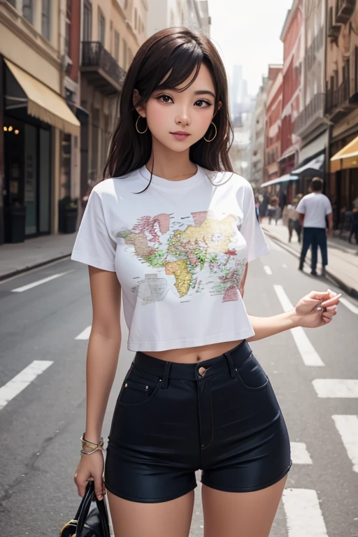 A beautiful girl on the street wearing a tight body fitted T-shirt and shorts with a map printed on it.