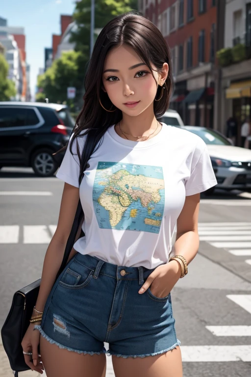 A beautiful girl on the street wearing a tight body fitted T-shirt and shorts with a map printed on it.
