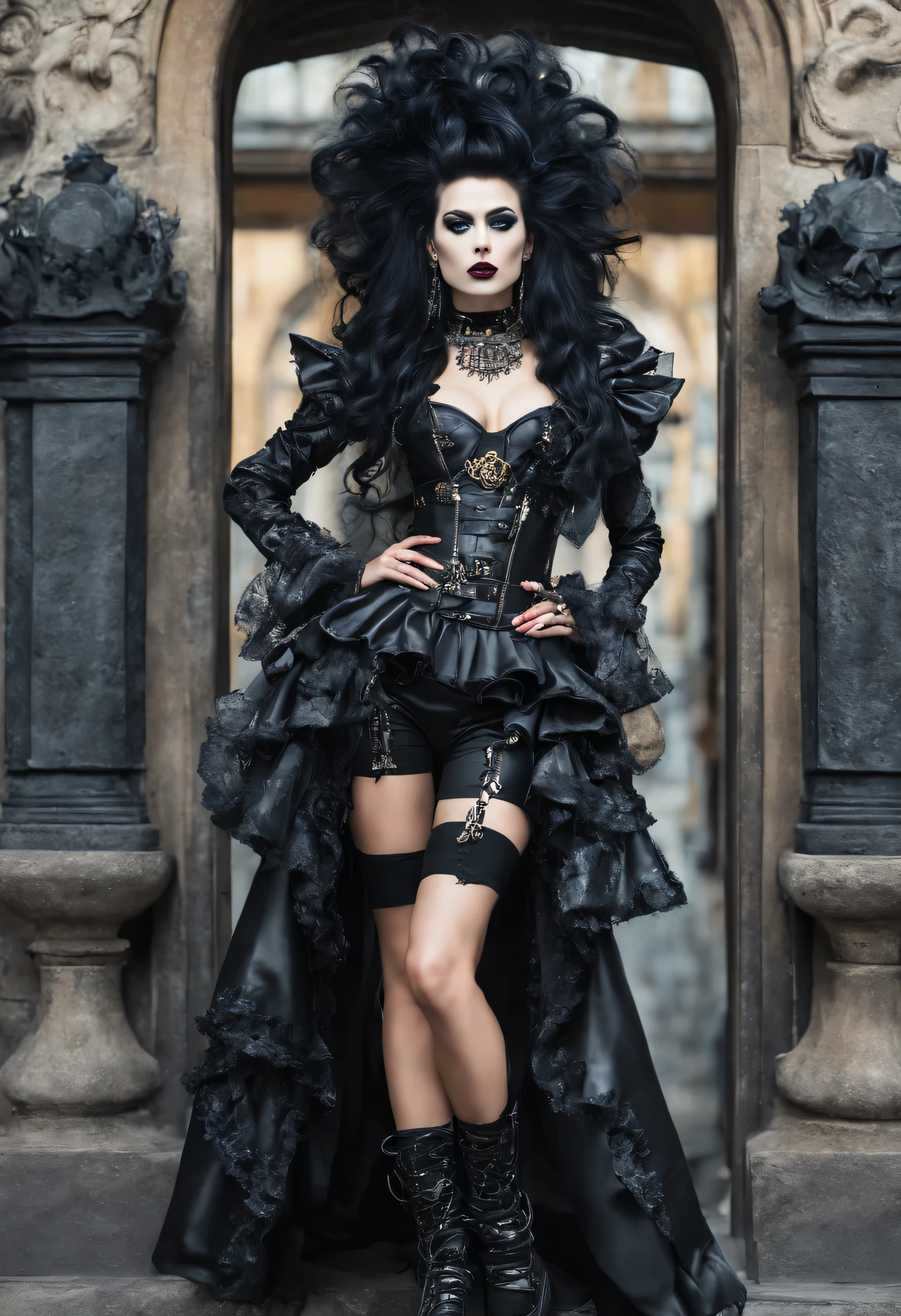 full body Woman in rococo punk costume wearing rococo punk outfit, black long hair, black eyes, black lipstick lips,g rococo punk fantasy style, (rock punk), rock punk beautiful goddess, rock punk girl, rock punk inventor girl, metal rock punk, Set in a rock punk world, dark rock punk concept