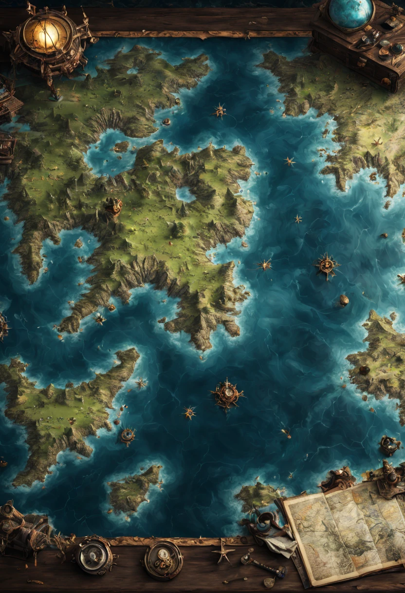 Map on table with sea and oceans one part is missing in the map are draped monsters And one treasure. Epic cinematic brilliant stunning intricate meticulously detailed dramatic atmospheric maximalist digital matte painting