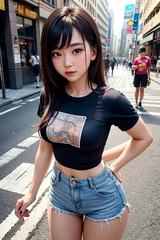 A beautiful girl on the street wearing a tight body fitted T-shirt and shorts with a map printed on it.