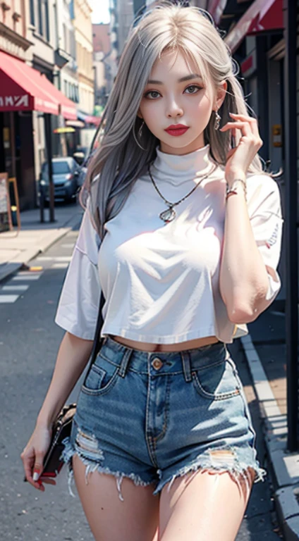 Urban Beautiful Girl College Student，masterpiece，Light makeup，red lips，silver hair，messy long hair，street background，beautiful，grace。Super fine detail，masterpiece，Authentic texture，Realistic lighting，Perfect work，8k，HD，Exquisite facial features，White skinny turtleneck top，White skinny shorts，slim figure，big bright eyes，smooth skin，earring，necklace，Tattoos are