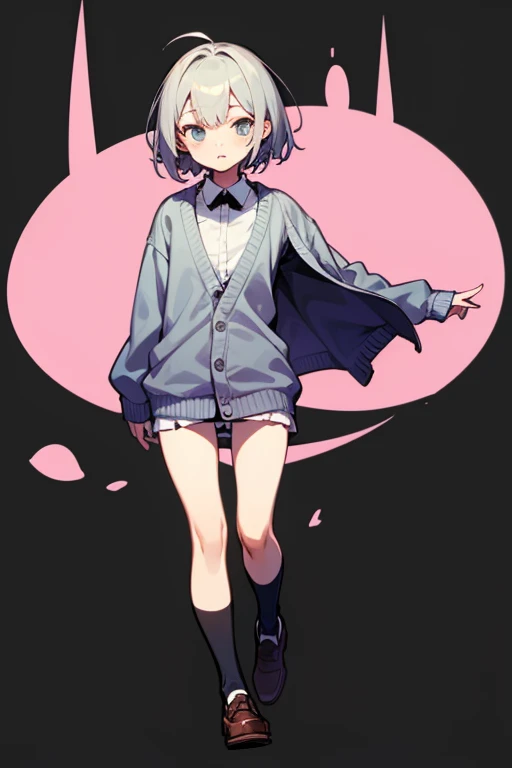 1 girl、black background、short hair、gray hair、cardigan、Garter Socks