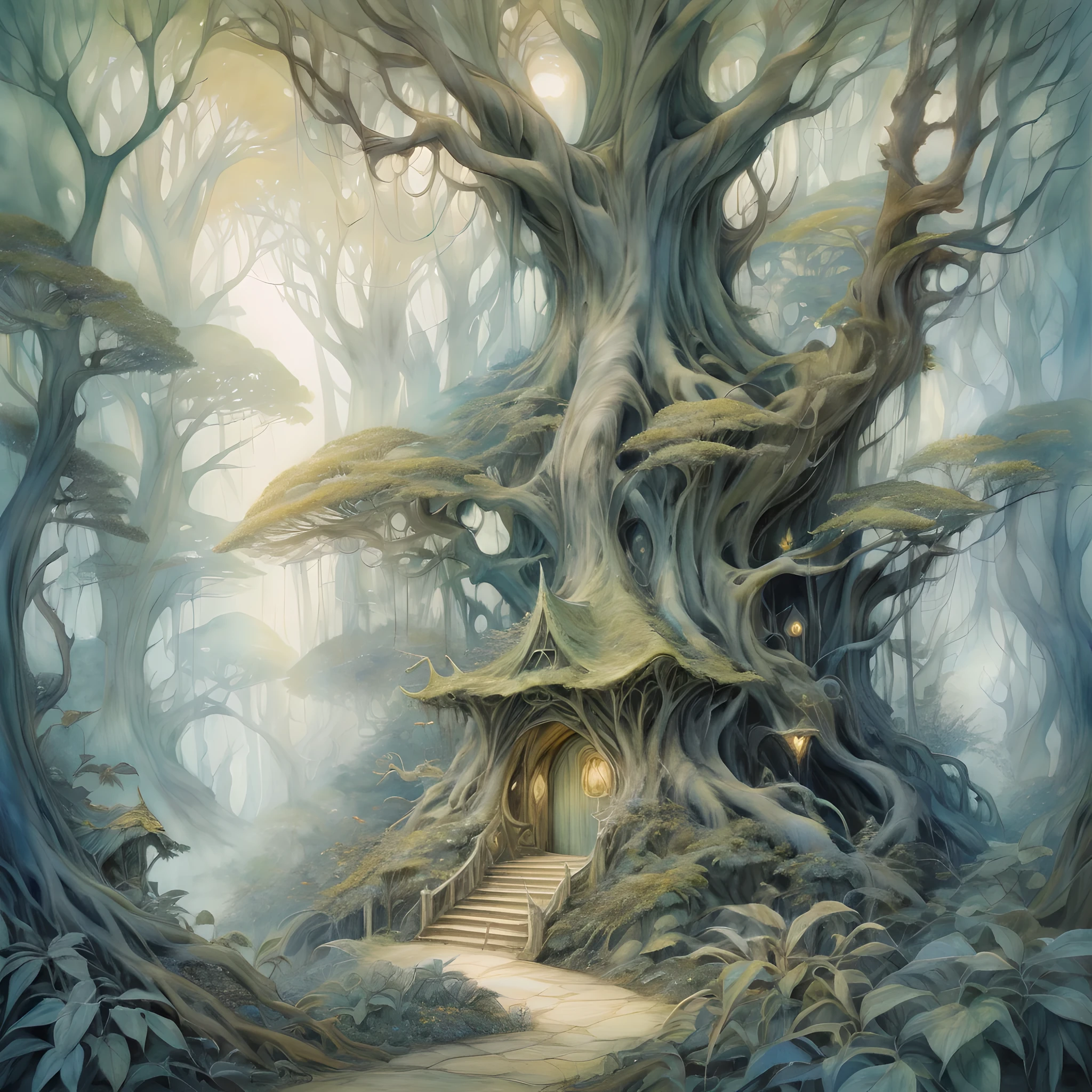 Elven Forest Haven, where slender, silver-haired elves engage in enchanting activities among towering, luminescent trees. Painted in a Watercolor style inspired by the dreamlike works of Brian Froud and Alan Lee, featuring soft color transitions and intricate detailing reminiscent of classic fantasy art.