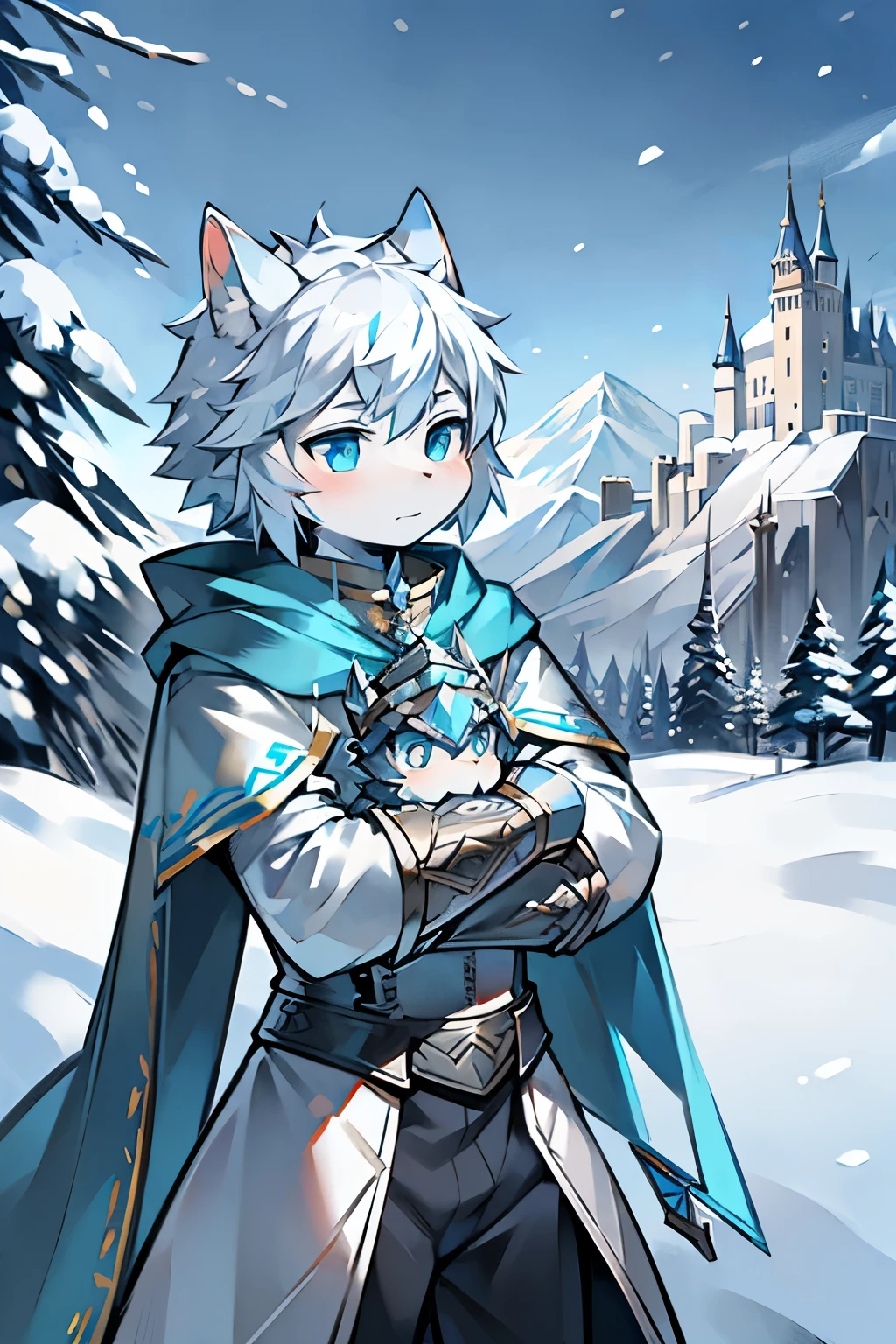 a white cat，Aqua-blue pupils，wearing armor，Snow，holding a longsword，blizzard，Carrying a long sword，Shota，mountains，Coat，Dress thickly，Fluttering cape，far away castle，silver helmet，Silver armor，The blue sword behind