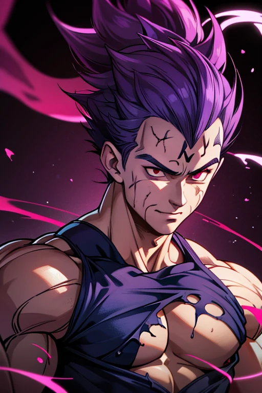 Cristiano Ronaldo with purple hair, red eyes, torn clothes, smeared with blood, a hateful expression on his face, and a dark purple aura coming out of his body