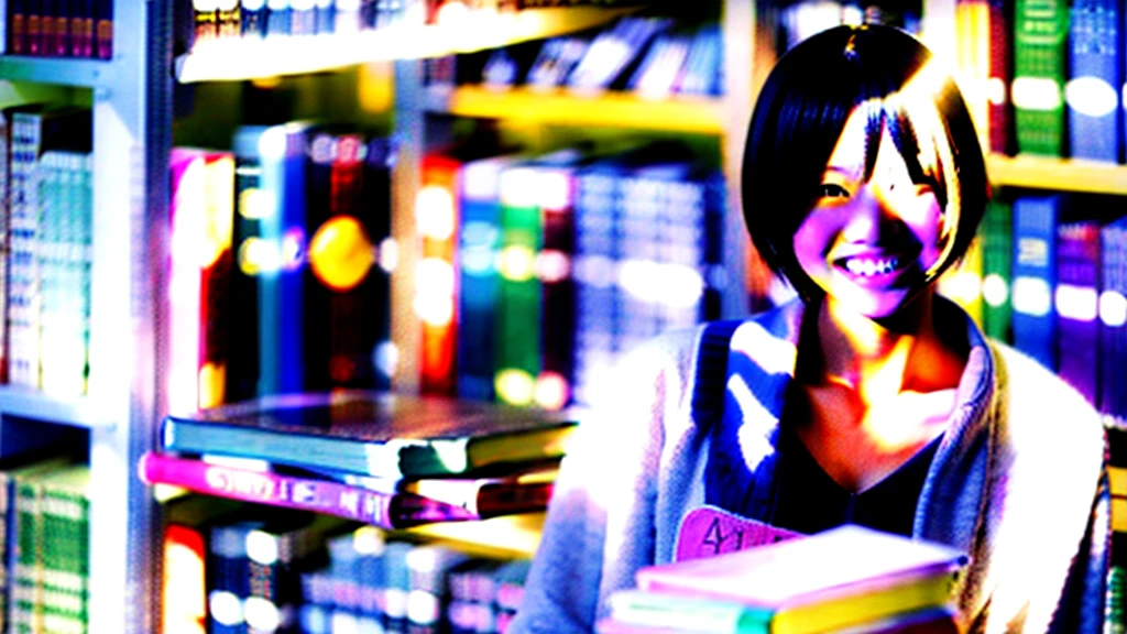 Teenage girl resembling a K
pop idol, smiling with confidence, holding textbooks, library
background, Canon EOS 5D Mark IV, wide angle lens, portrait style, aspirational mood,
natural daylight, balanced composition ar 16:9