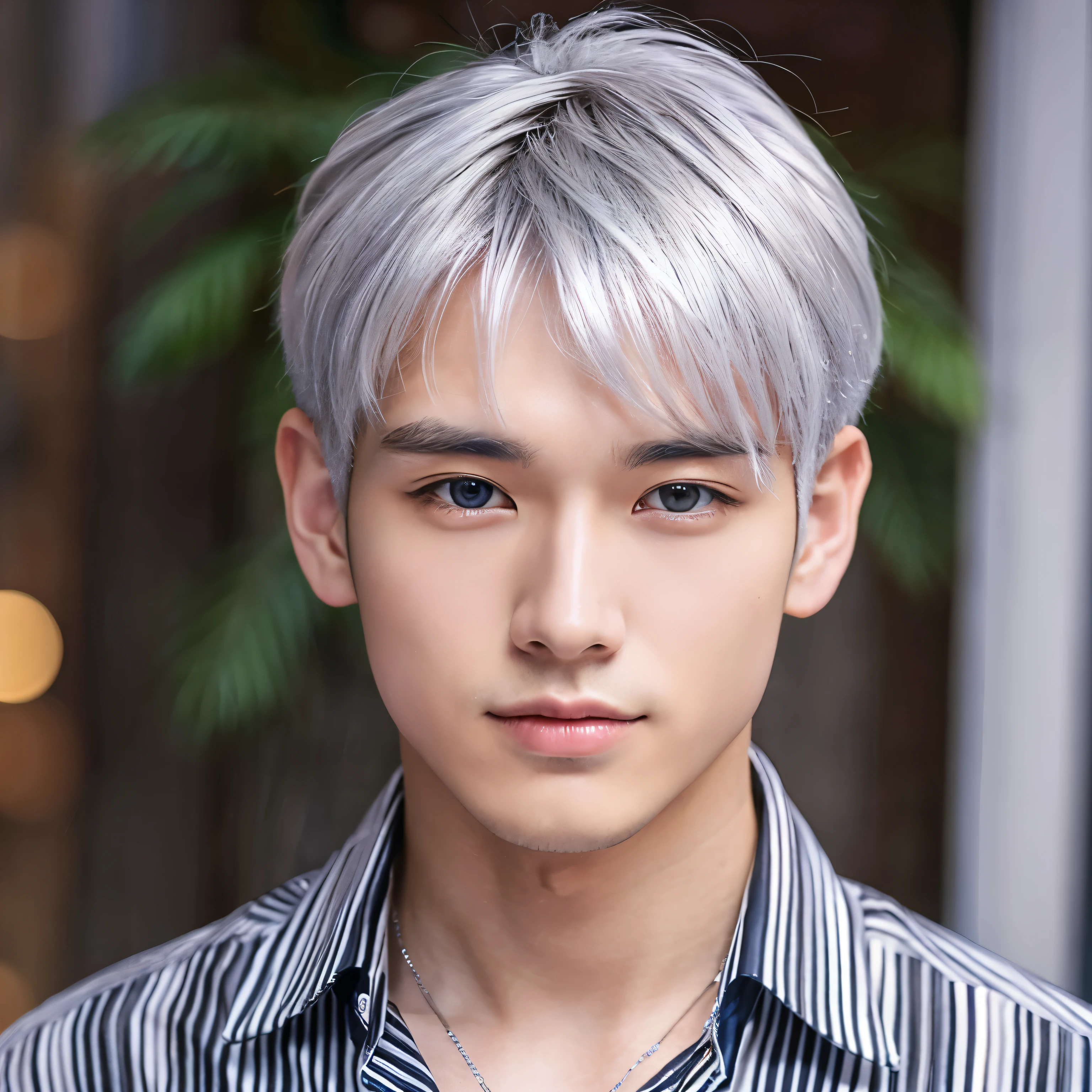 silver haired man、27 years old、good looking