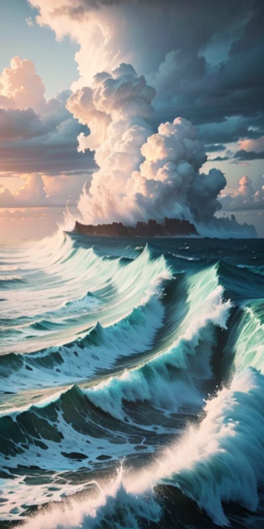 Picture of a scenery: a storm brings clouds and swirls and the sea is raging.