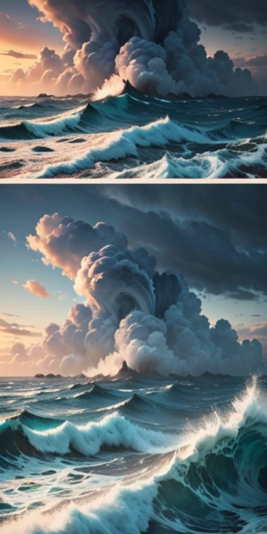 Picture of a scenery: a storm brings clouds and swirls and the sea is raging.