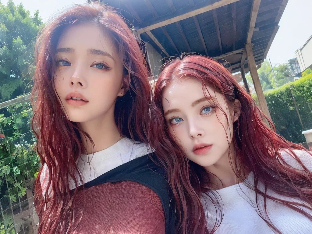 4 tiny Beautiful handsome woman, ((top quality, 8k, masterpiece:1.retty woman, 1woman, huge breasts:1.3, slender figure:1.1, elastic red long hair, (shower, wet body, wet clothes:1.1), very detailed face, detailed lips, detailed eyes, double eyelids, detailed blue eyes, extremely detailed outstanding blue eyes, red wet hair, red wet hair, detailed outstanding BLUE EYES, innocent stare at the viewer, extremely wet wavy red hair, detailed outstanding BLUE EYES, raining outside