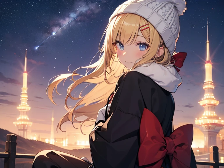 (masterpiece)++,(sweet illustration)+,detailed gradient eyes,outdoors, milky way galaxy, Beautiful scenery, Moonlight, high resolution, reflection,night view,
1girl, sitting, kimono, WHITE MUFFLER, CAPE, ROBE, (fluffy, beanie), from back, looking at viewer, medium bob, blonde hair, bun_head, shiny wavy hair, blue eyes, light smile, lens flare, Japanies Hairpin, kanzashi, braided bangs, cute, , 14-yo, , sweaty hats, white breath, shooting star, ancient city,