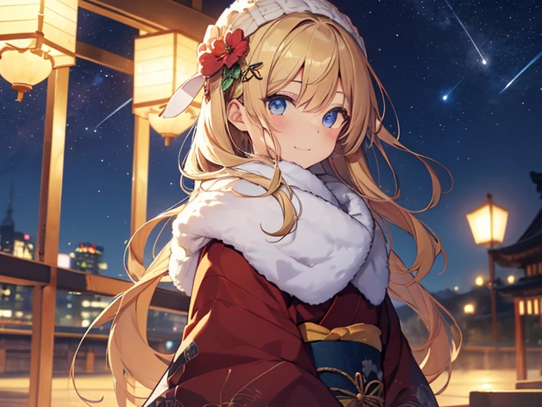 (masterpiece)++,(sweet illustration)+,detailed gradient eyes,outdoors, milky way galaxy, Beautiful scenery, Moonlight, high resolution, reflection,night view, 
1girl, sitting, kimono, WHITE MUFFLER, CAPE, ROBE, (fluffy, beanie), from back, looking at viewer, medium bob, blonde hair, bun_head, shiny wavy hair, blue eyes, light smile, lens flare, Japanies Hairpin, kanzashi, braided bangs, cute, , -yo, sweaty hats, white breath, shooting star, ancient city,
