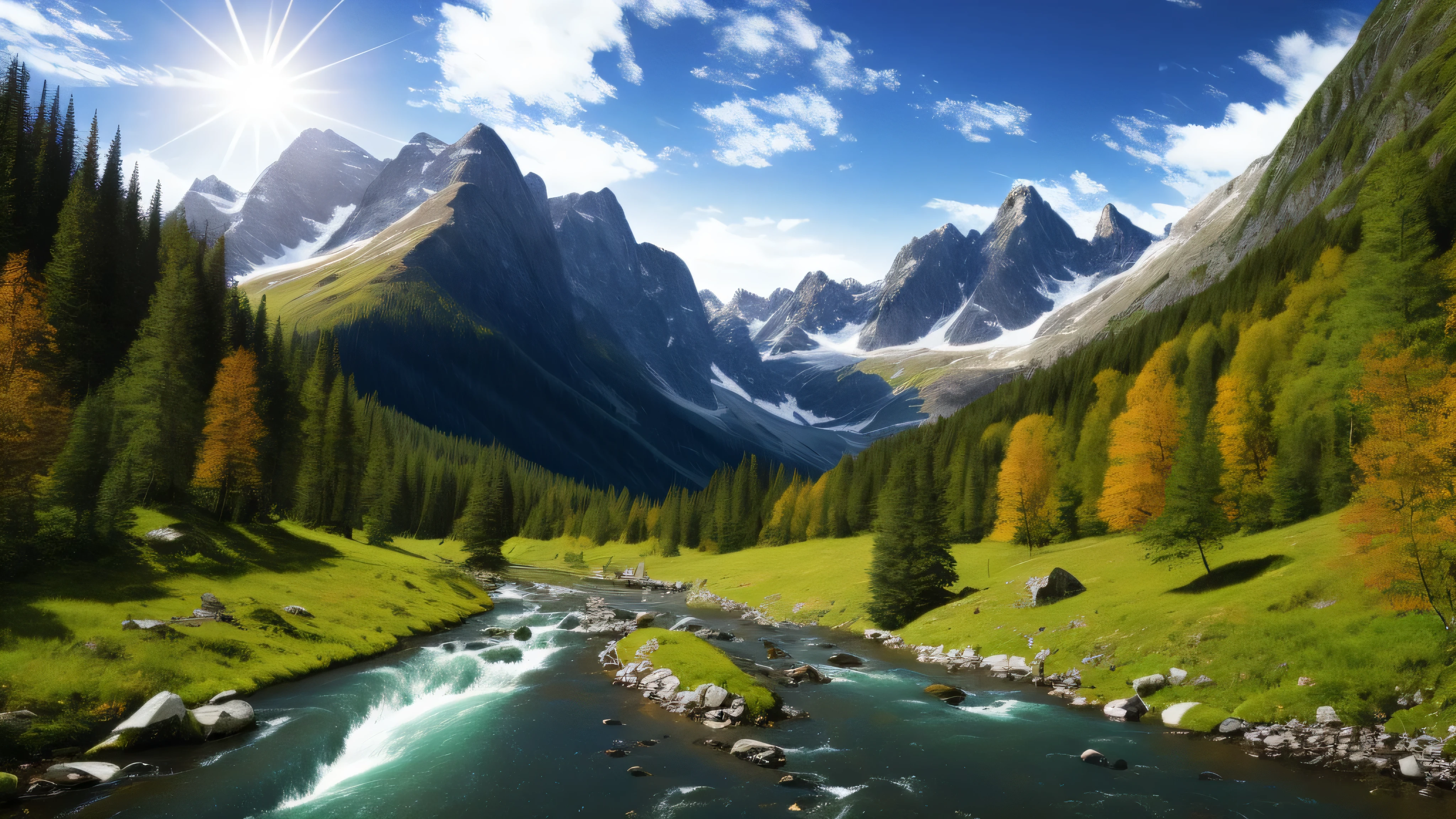detailed background, masterpiece, top quality, landscape, mountain, river, forest, sun, day, cloud