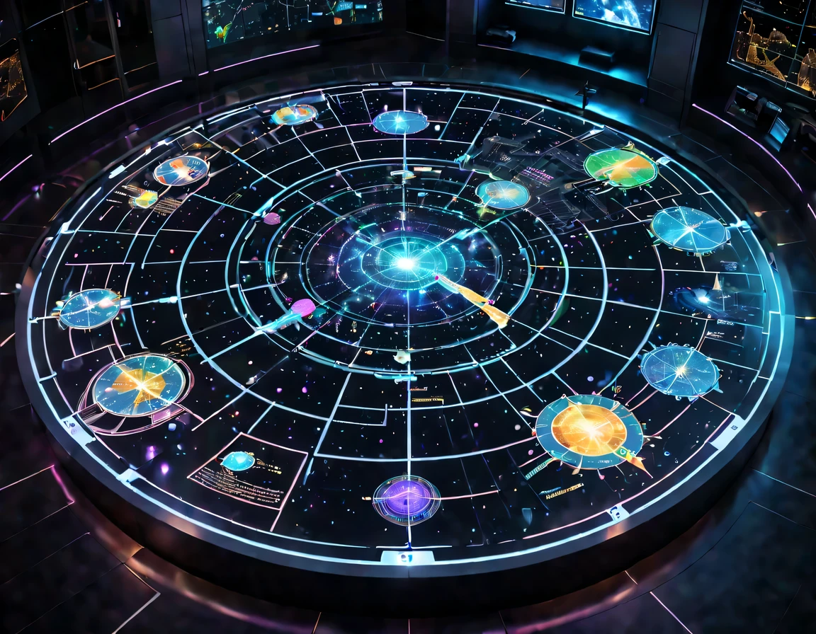 high tech会议大厅中间有未来派transparent空灵天文图,3D astronomical map,Holographic projection astronomical map,Map of cosmic galaxies,spherical,transparent,cyberpunk,X-ray,fluorescence,neon lights,high tech,command hall,Control lobby