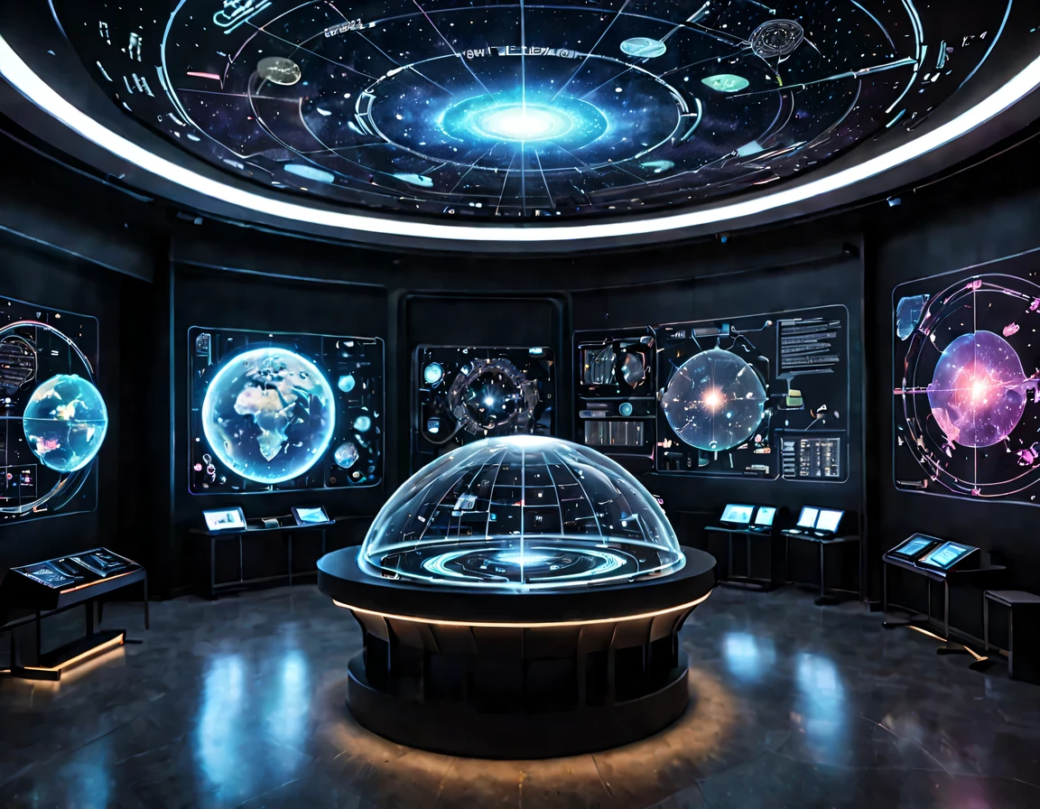 high tech会议大厅中间有未来派transparent空灵天文图,3D astronomical map,Holographic projection astronomical map,Map of cosmic galaxies,spherical,transparent,cyberpunk,X-ray,fluorescence,neon lights,high tech,command hall,Control lobby