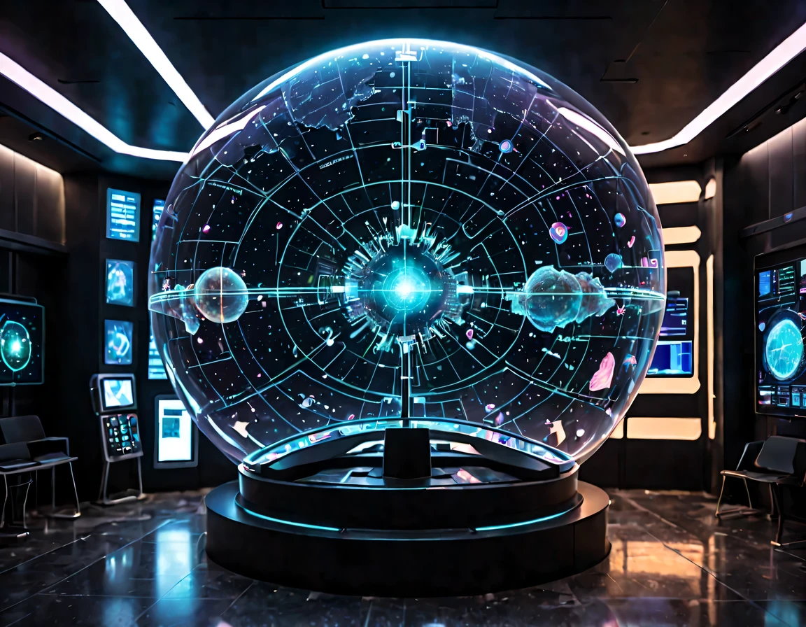 high tech会议大厅中间有未来派transparent空灵天文图，3D astronomical map，Holographic projection astronomical map，Map of cosmic galaxies，spherical，transparent，cyberpunk，X-ray，fluorescence，neon lights，high tech，command hall，Control lobby