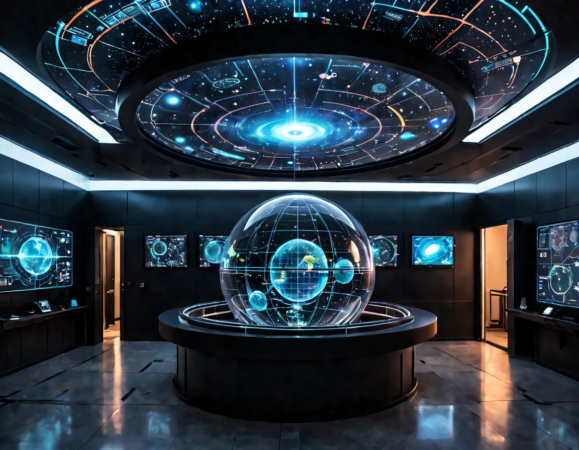 high tech会议大厅中间有未来派transparent空灵天文图，3D astronomical map，Holographic projection astronomical map，Map of cosmic galaxies，spherical，transparent，cyberpunk，X-ray，fluorescence，neon lights，high tech，command hall，Control lobby